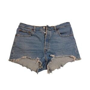 Levi Strauss 501 Denim Shorts Women Blue Frayed Hem Cutoff Button Fly